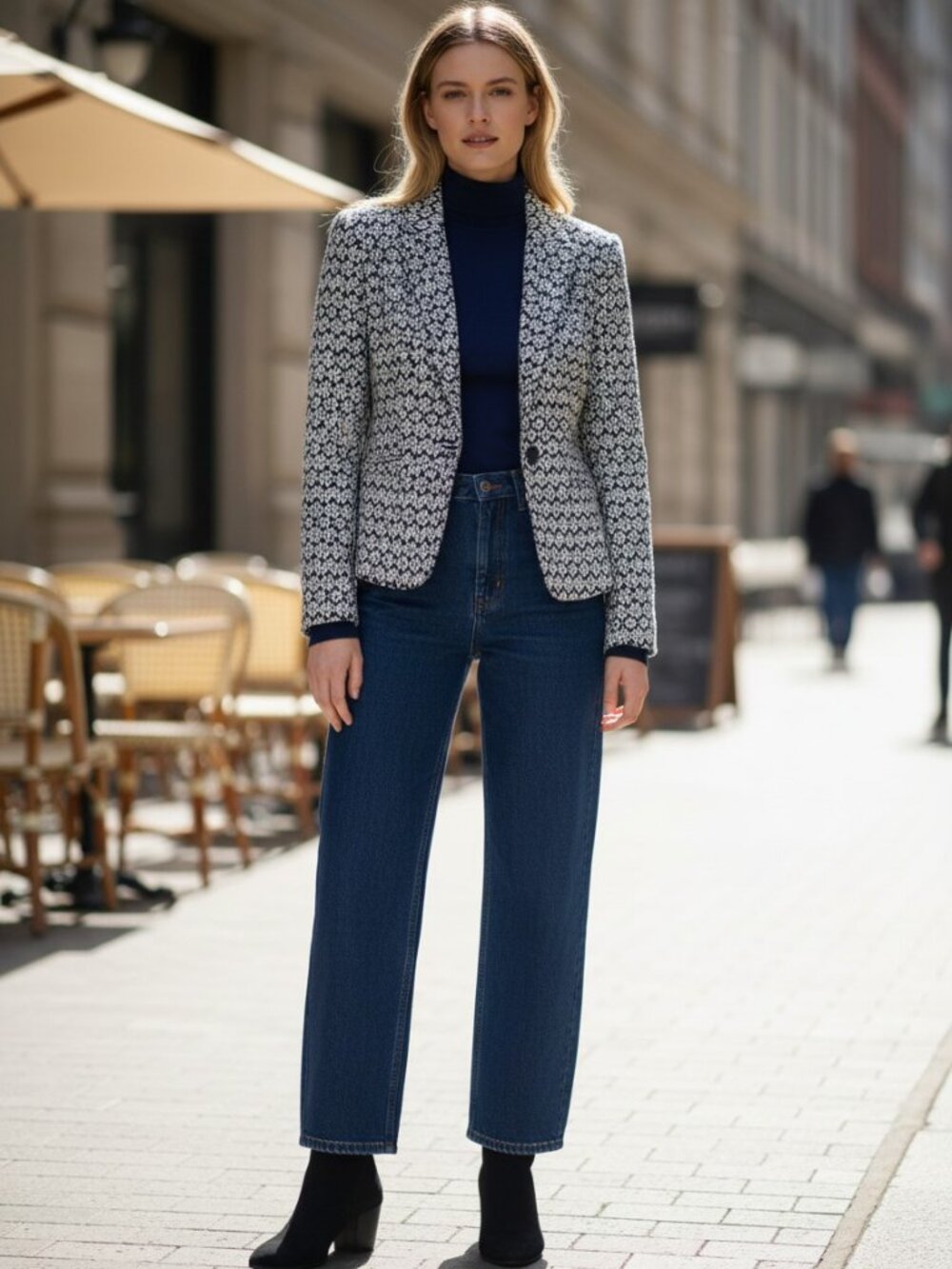 Mario Serrani Navy & White Patterned Cropped Lined Blazer, 8
